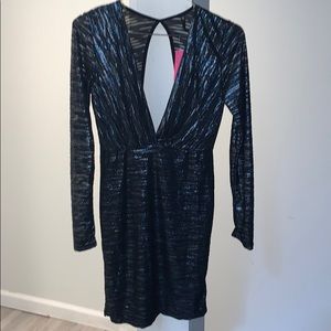 Love Culture Plunge Long Sleeve Shiny Dress